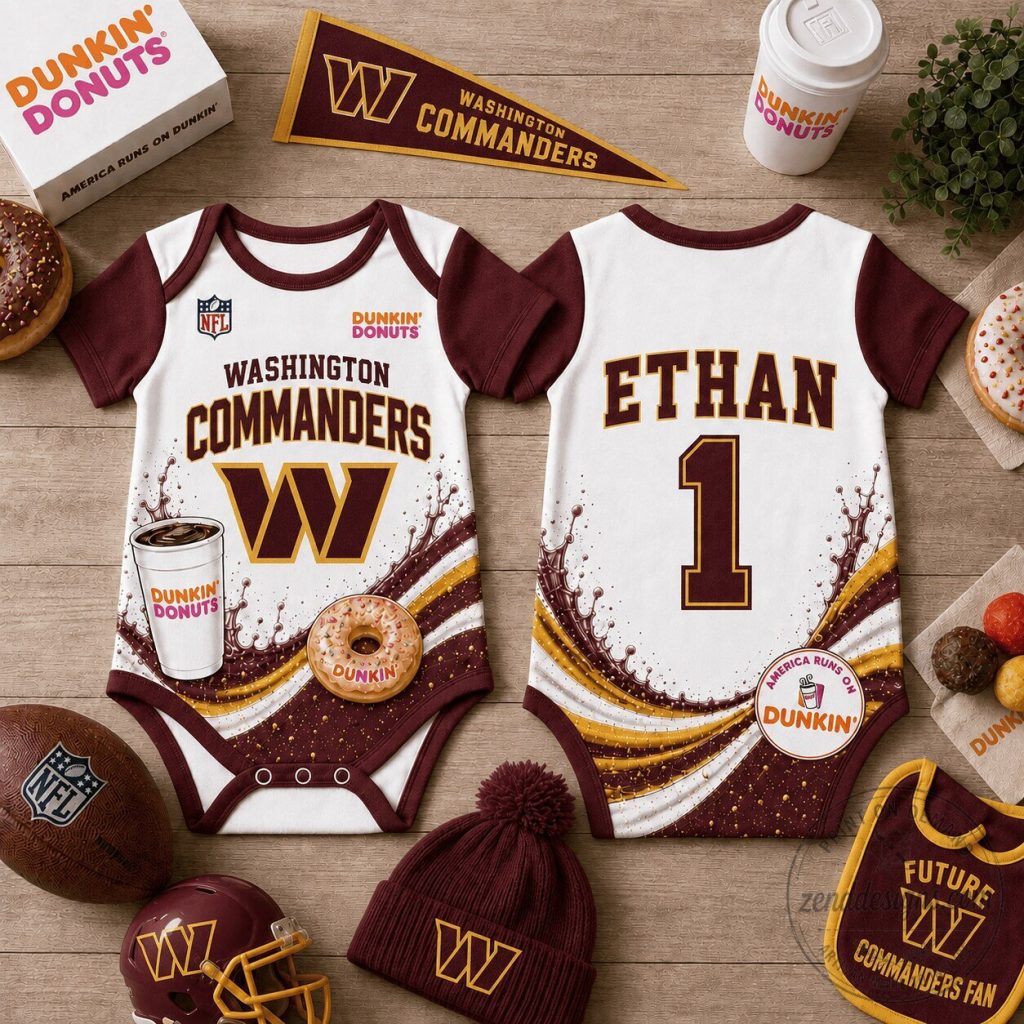 Washington Commanders Dunkin Donuts Personalized Baby Bodysuit Romper Washington Commanders Dunkin Donuts Personalized Baby Bodysuit Romper