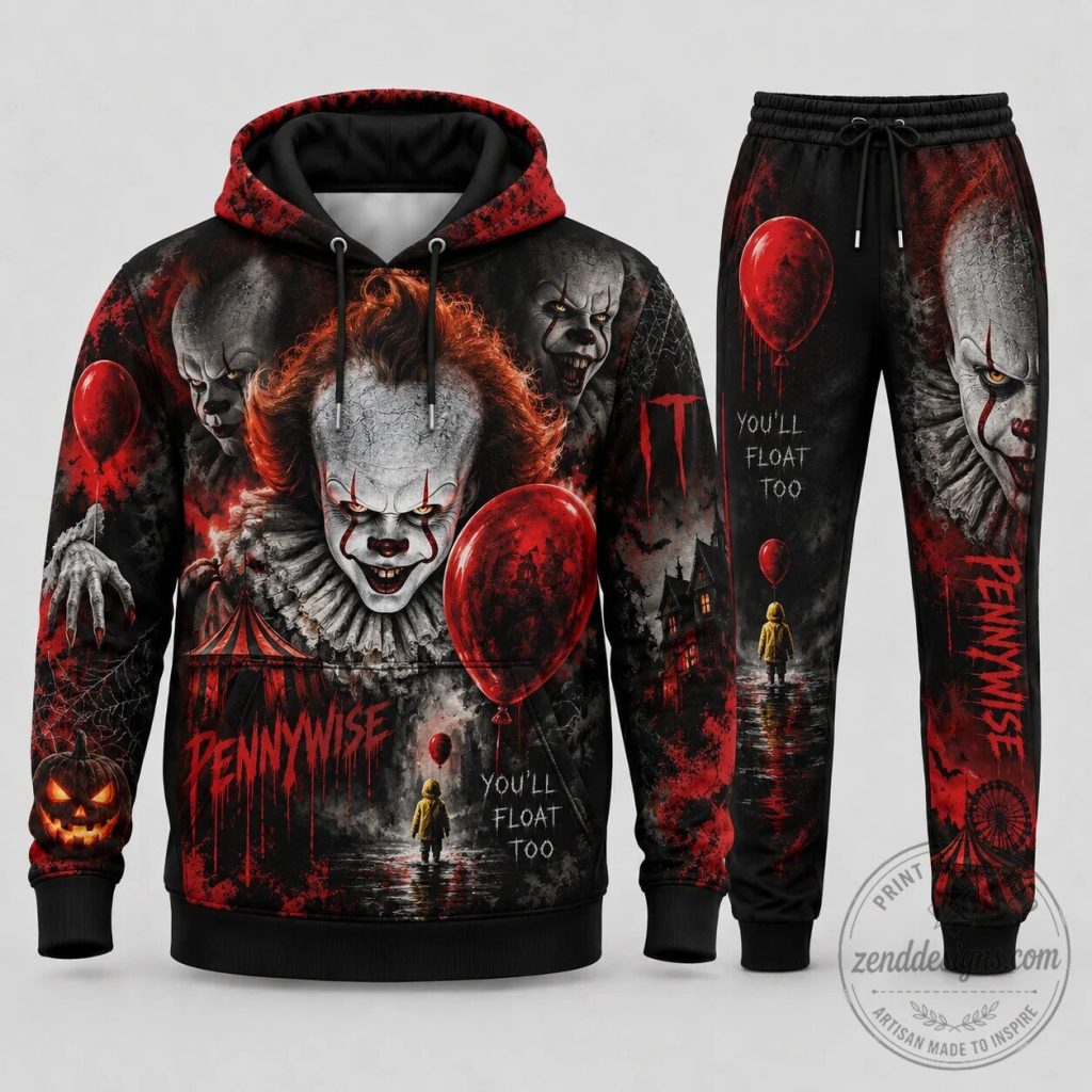 Pennywise You'll Float Too Horror Movie Halloween Costume Hoodie and Pants Set Pennywise You'll Float Too Horror Movie Halloween Costume Hoodie and Pants Set