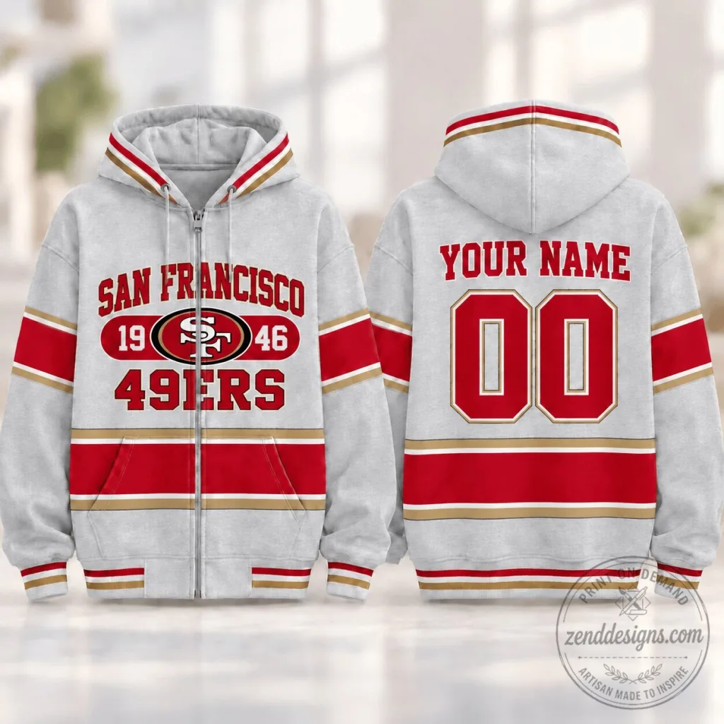 San Francisco 49ers Personalized Varsity Stripe Full Zip Hoodie San Francisco 49ers Personalized Varsity Stripe Full Zip Hoodie