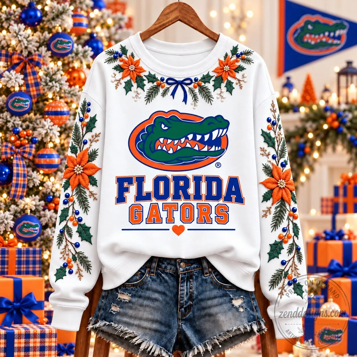 Florida Gators Christmas Floral Embroidered Holiday Crewneck Sweatshirt 1 Florida Gators Christmas Floral Embroidered Holiday Crewneck Sweatshirt