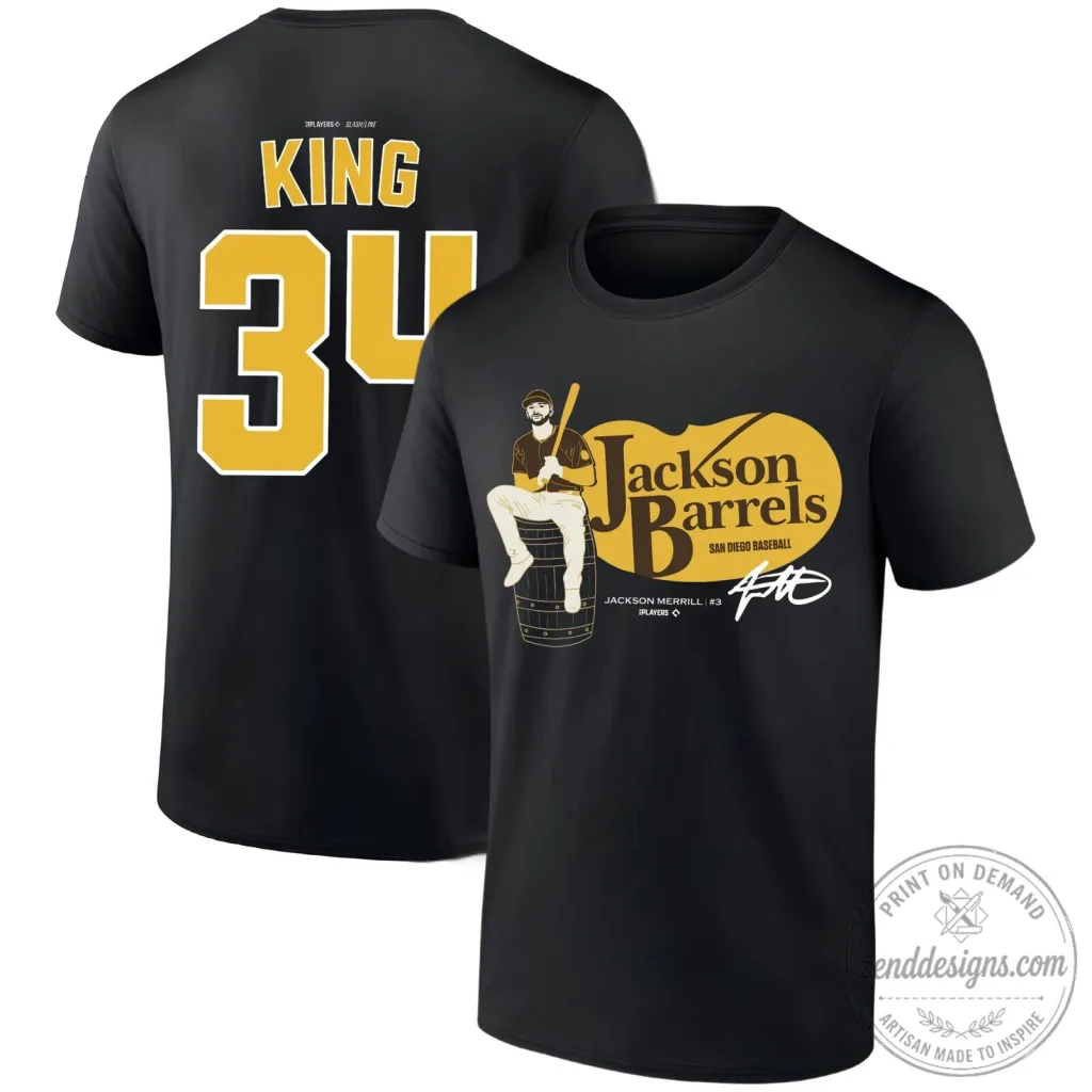 San Diego Baseball Jackson Merrill King 34 Black T-Shirt San Diego Baseball Jackson Merrill King 34 Black T-Shirt