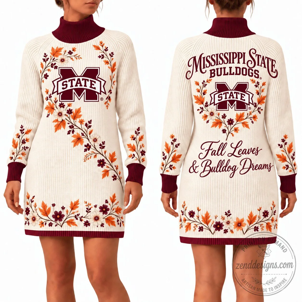 Mississippi State Bulldogs Womens Fall Leaves & Bulldog Dreams Sweater Dress 1 Mississippi State Bulldogs Womens Fall Leaves & Bulldog Dreams Sweater Dress