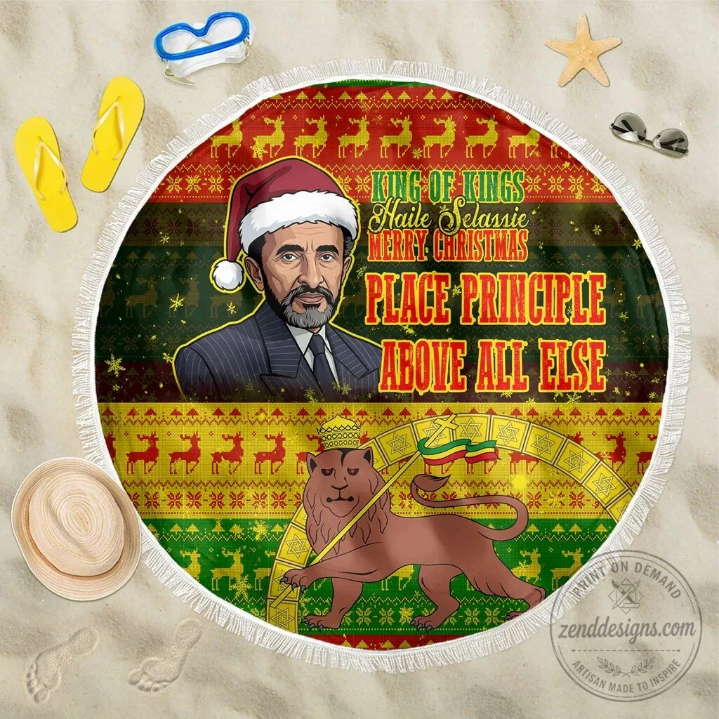 Haile Selassie Christmas Lion of Judah Round Beach Blanket