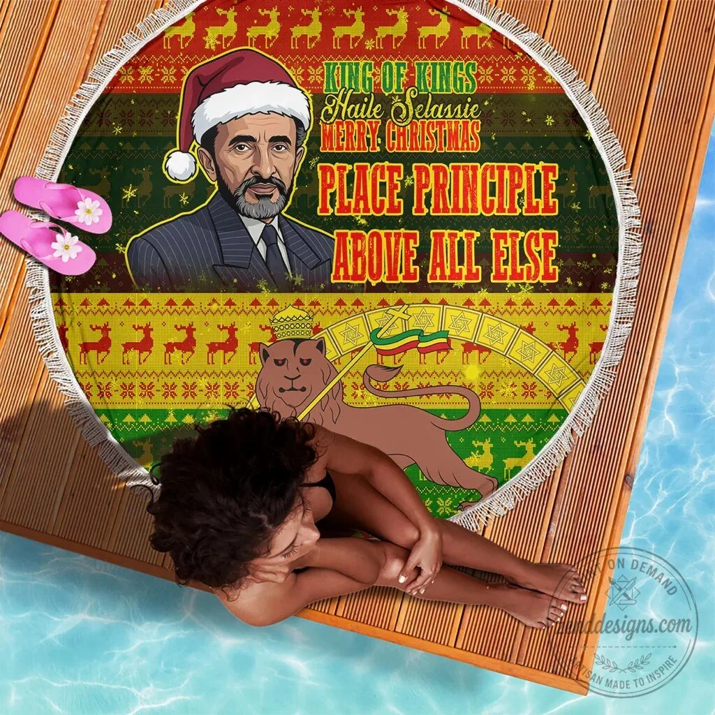 Haile Selassie Christmas Lion of Judah Round Beach Blanket 4 Haile Selassie Christmas Lion of Judah Round Beach Blanket
