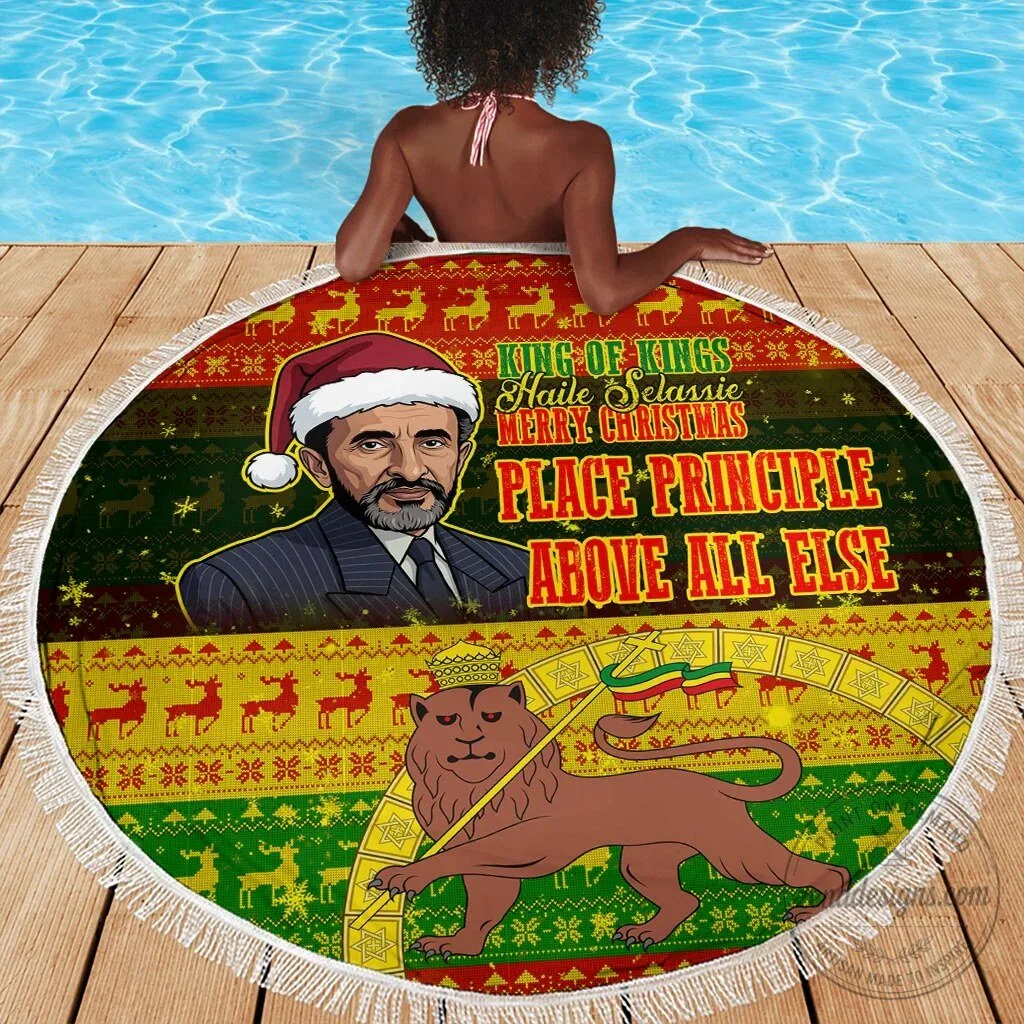 Haile Selassie Christmas Lion of Judah Round Beach Blanket 5 Haile Selassie Christmas Lion of Judah Round Beach Blanket