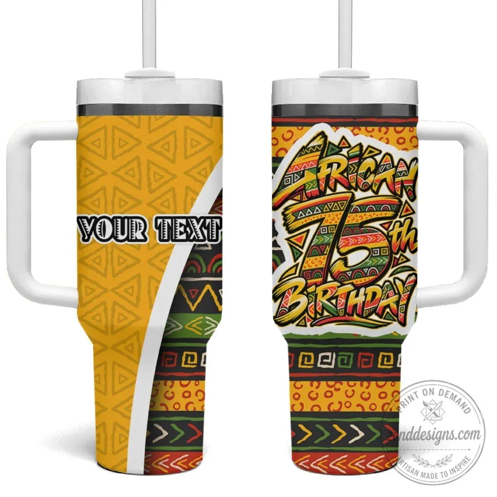 Personalized African 75th Birthday Tumbler with Handle Tribal Geometric Pattern