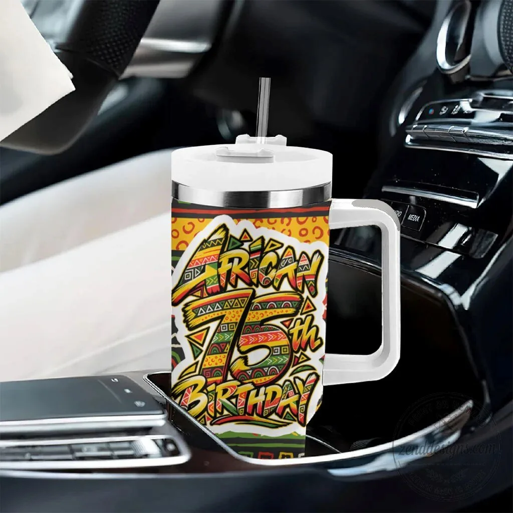 Personalized African 75th Birthday Tumbler with Handle Tribal Geometric Pattern 9 Personalized African 75th Birthday Tumbler with Handle Tribal Geometric Pattern