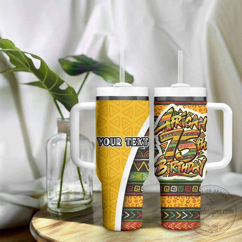 Personalized African 75th Birthday Tumbler with Handle Tribal Geometric Pattern 11 Personalized African 75th Birthday Tumbler with Handle Tribal Geometric Pattern