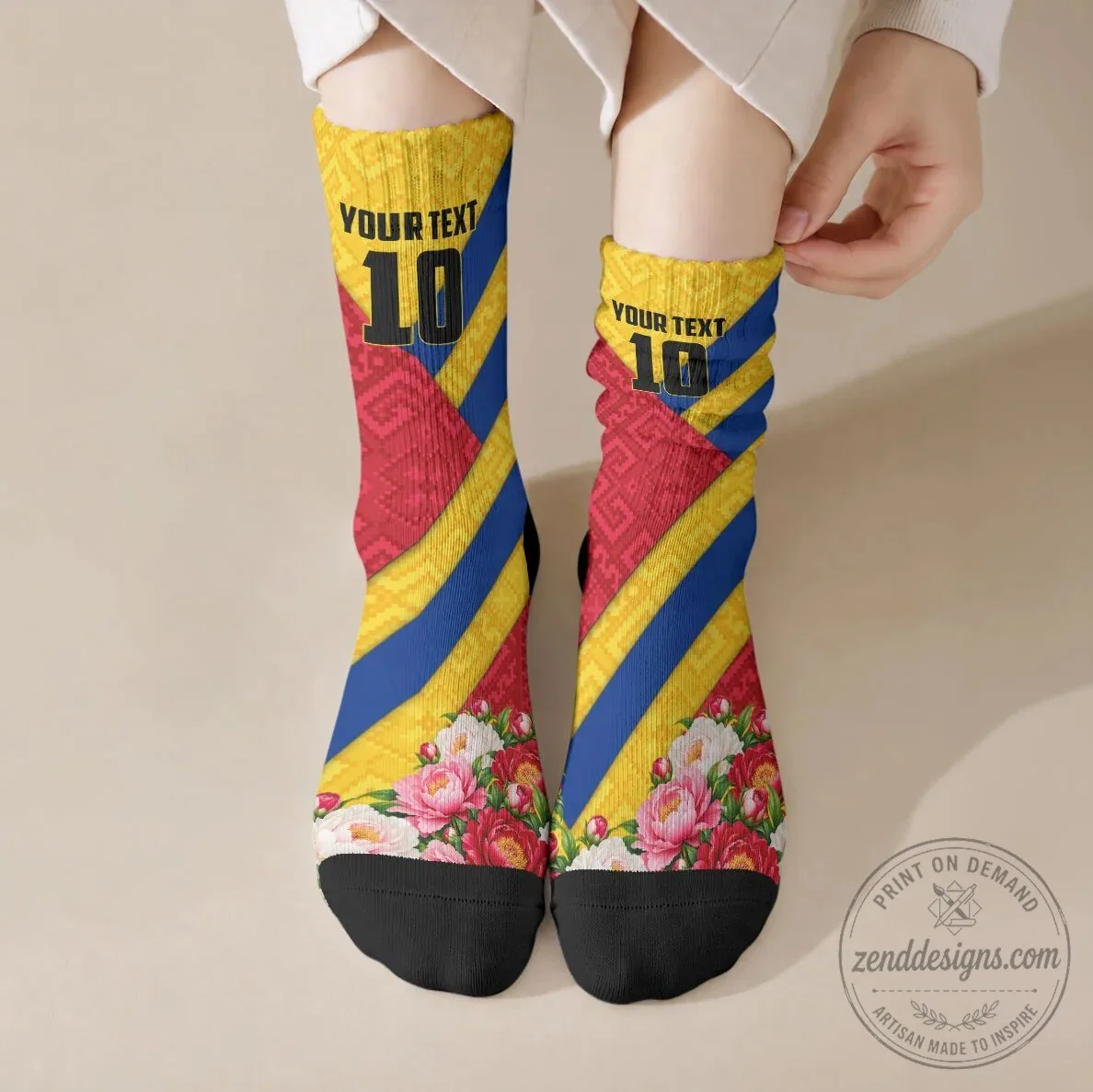 Personalized Romania Lynx And Decebalus Rex Crew Socks Traditional Folk Pattern With Peony Floral Motifs