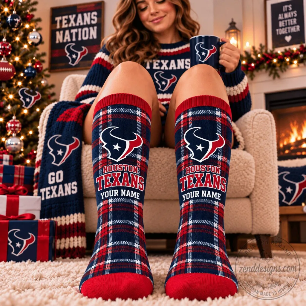 Houston Texans NFL Plaid Custom Name Crew Socks Houston Texans NFL Plaid Custom Name Crew Socks