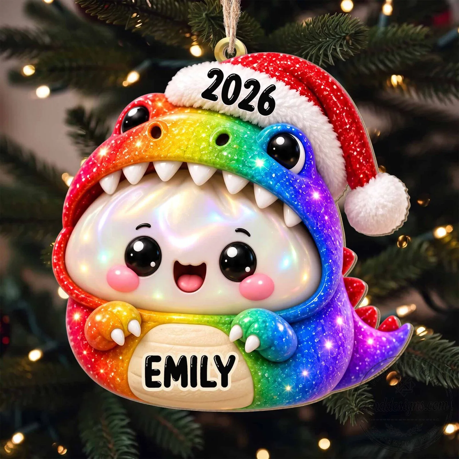 Personalized Rainbow Dinosaur Dumpling Christmas Ornament with Santa Hat