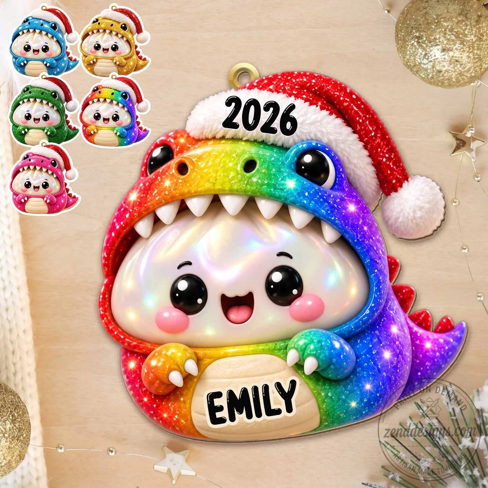 Personalized Rainbow Dinosaur Dumpling Christmas Ornament with Santa Hat 13 Personalized Rainbow Dinosaur Dumpling Christmas Ornament with Santa Hat