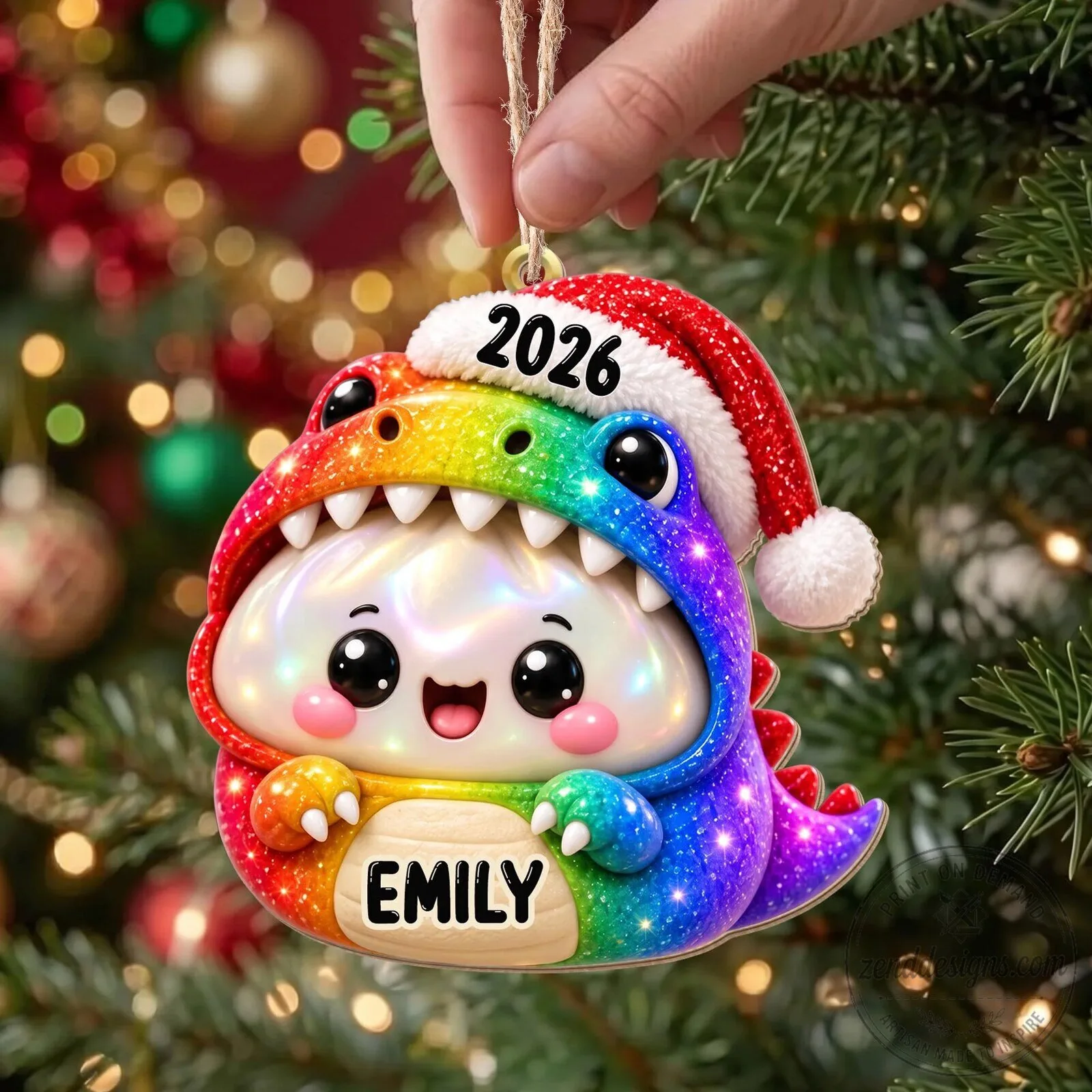Personalized Rainbow Dinosaur Dumpling Christmas Ornament with Santa Hat 14 Personalized Rainbow Dinosaur Dumpling Christmas Ornament with Santa Hat