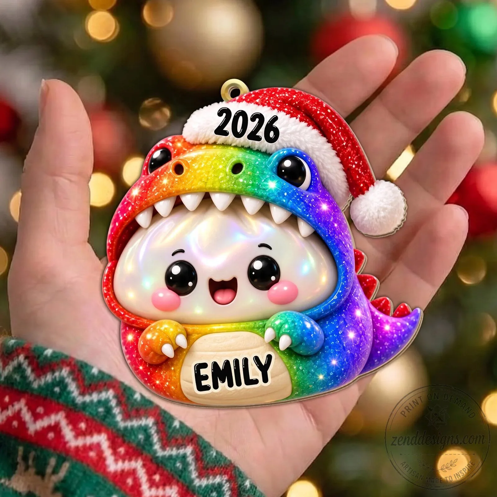 Personalized Rainbow Dinosaur Dumpling Christmas Ornament with Santa Hat 15 Personalized Rainbow Dinosaur Dumpling Christmas Ornament with Santa Hat
