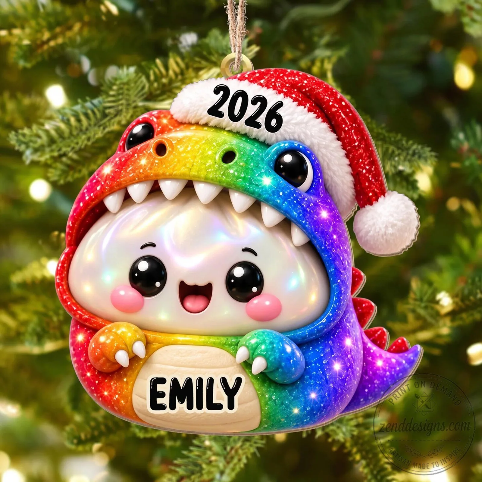 Personalized Rainbow Dinosaur Dumpling Christmas Ornament with Santa Hat 16 Personalized Rainbow Dinosaur Dumpling Christmas Ornament with Santa Hat