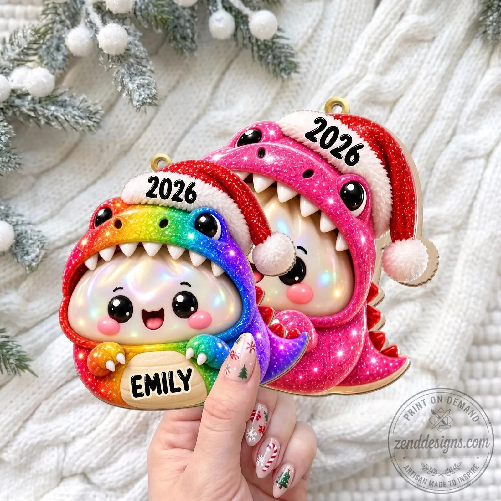 Personalized Rainbow Dinosaur Dumpling Christmas Ornament with Santa Hat 17 Personalized Rainbow Dinosaur Dumpling Christmas Ornament with Santa Hat