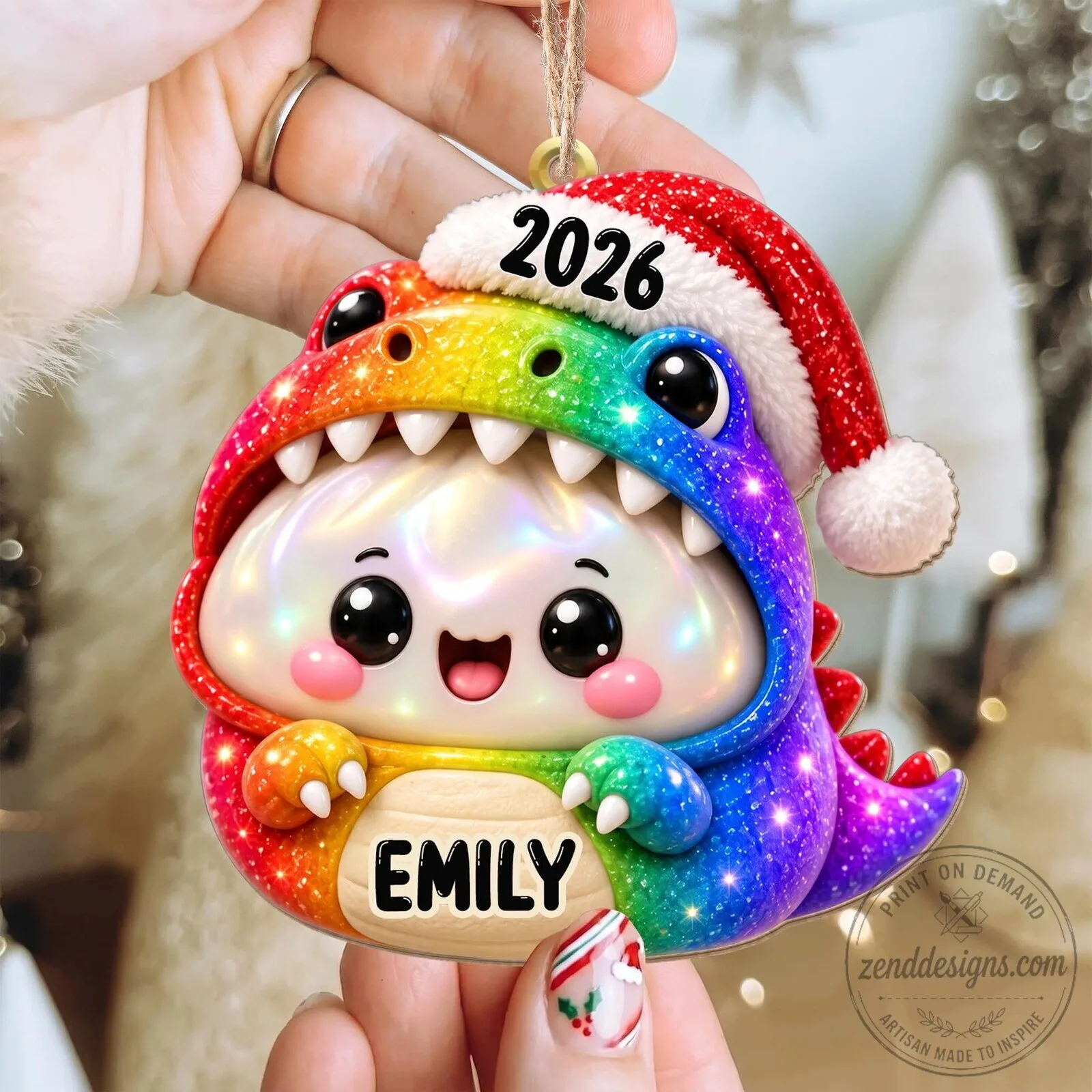 Personalized Rainbow Dinosaur Dumpling Christmas Ornament with Santa Hat 18 Personalized Rainbow Dinosaur Dumpling Christmas Ornament with Santa Hat
