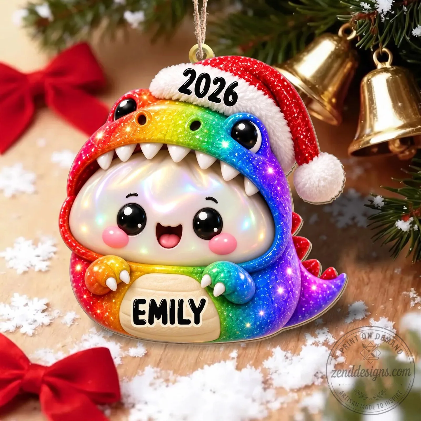 Personalized Rainbow Dinosaur Dumpling Christmas Ornament with Santa Hat 19 Personalized Rainbow Dinosaur Dumpling Christmas Ornament with Santa Hat
