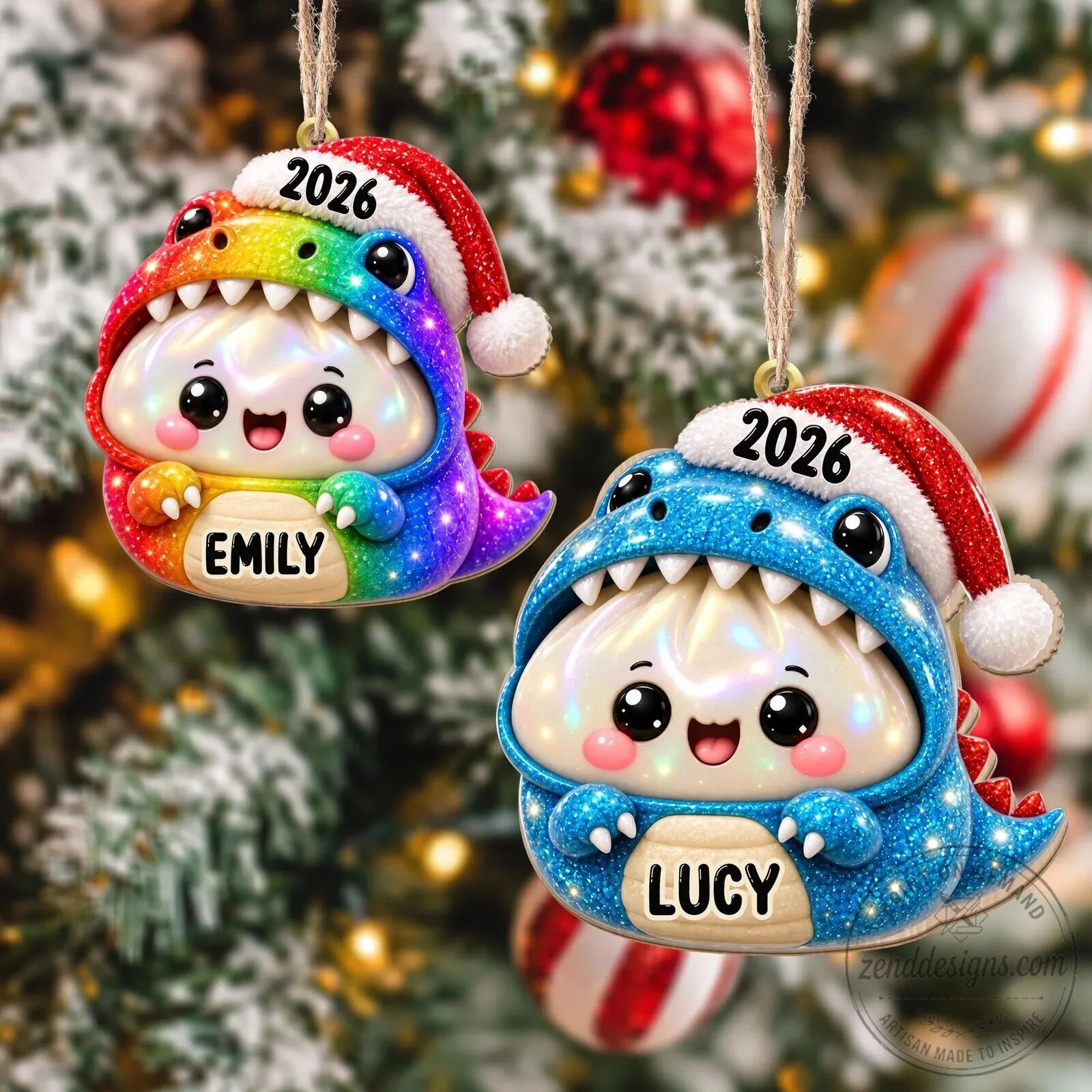 Personalized Rainbow Dinosaur Dumpling Christmas Ornament with Santa Hat 20 Personalized Rainbow Dinosaur Dumpling Christmas Ornament with Santa Hat