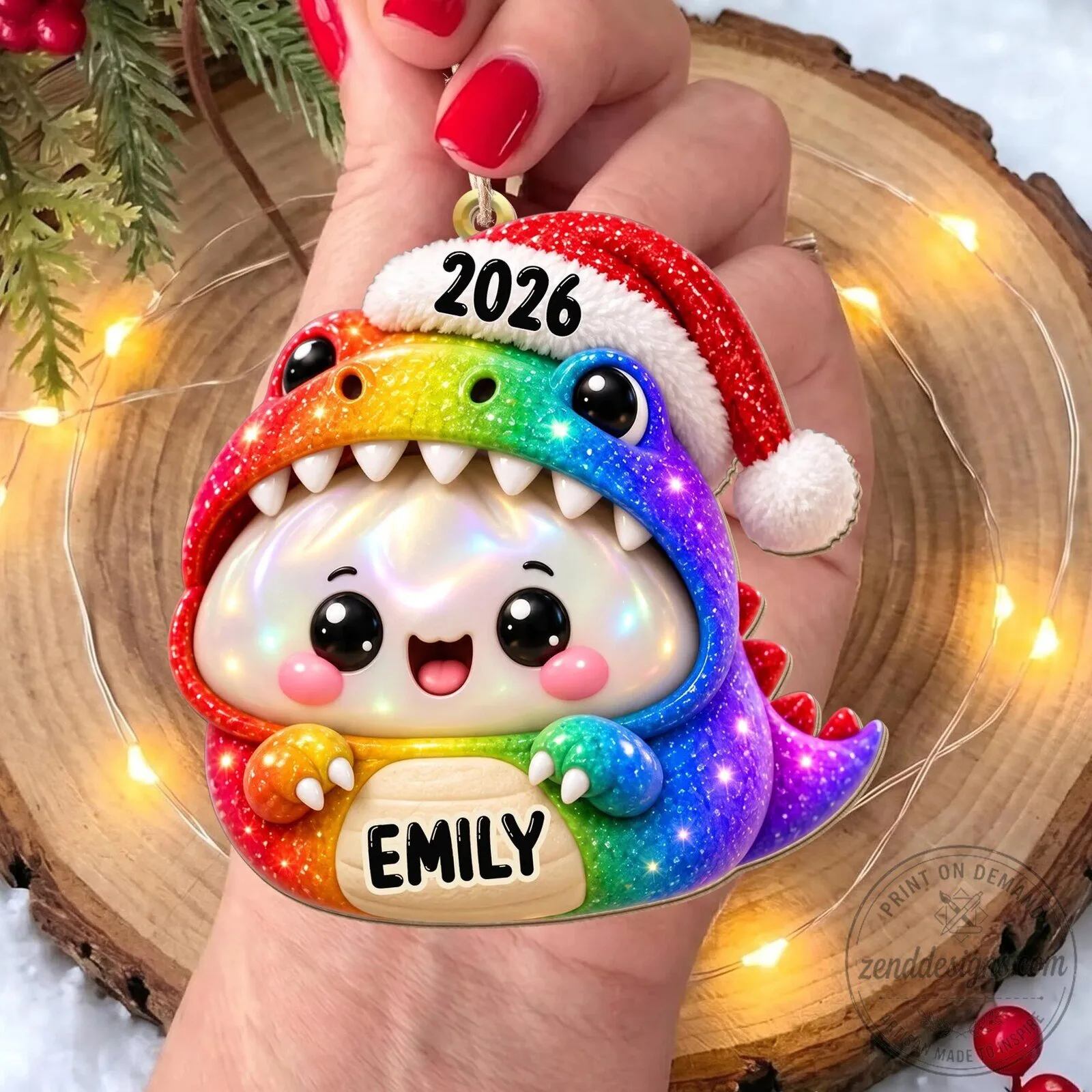 Personalized Rainbow Dinosaur Dumpling Christmas Ornament with Santa Hat 21 Personalized Rainbow Dinosaur Dumpling Christmas Ornament with Santa Hat