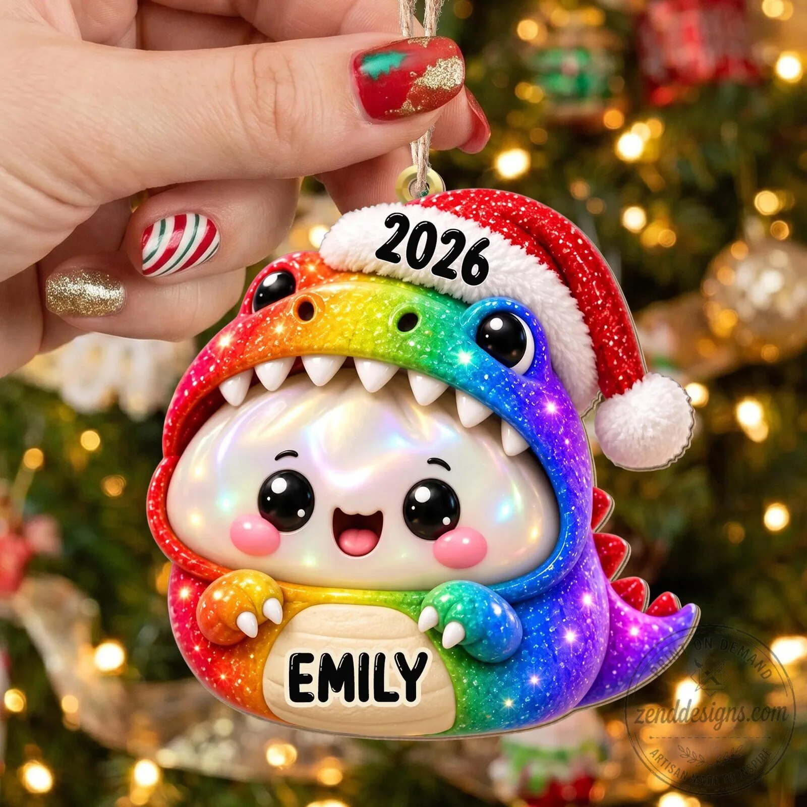 Personalized Rainbow Dinosaur Dumpling Christmas Ornament with Santa Hat 22 Personalized Rainbow Dinosaur Dumpling Christmas Ornament with Santa Hat