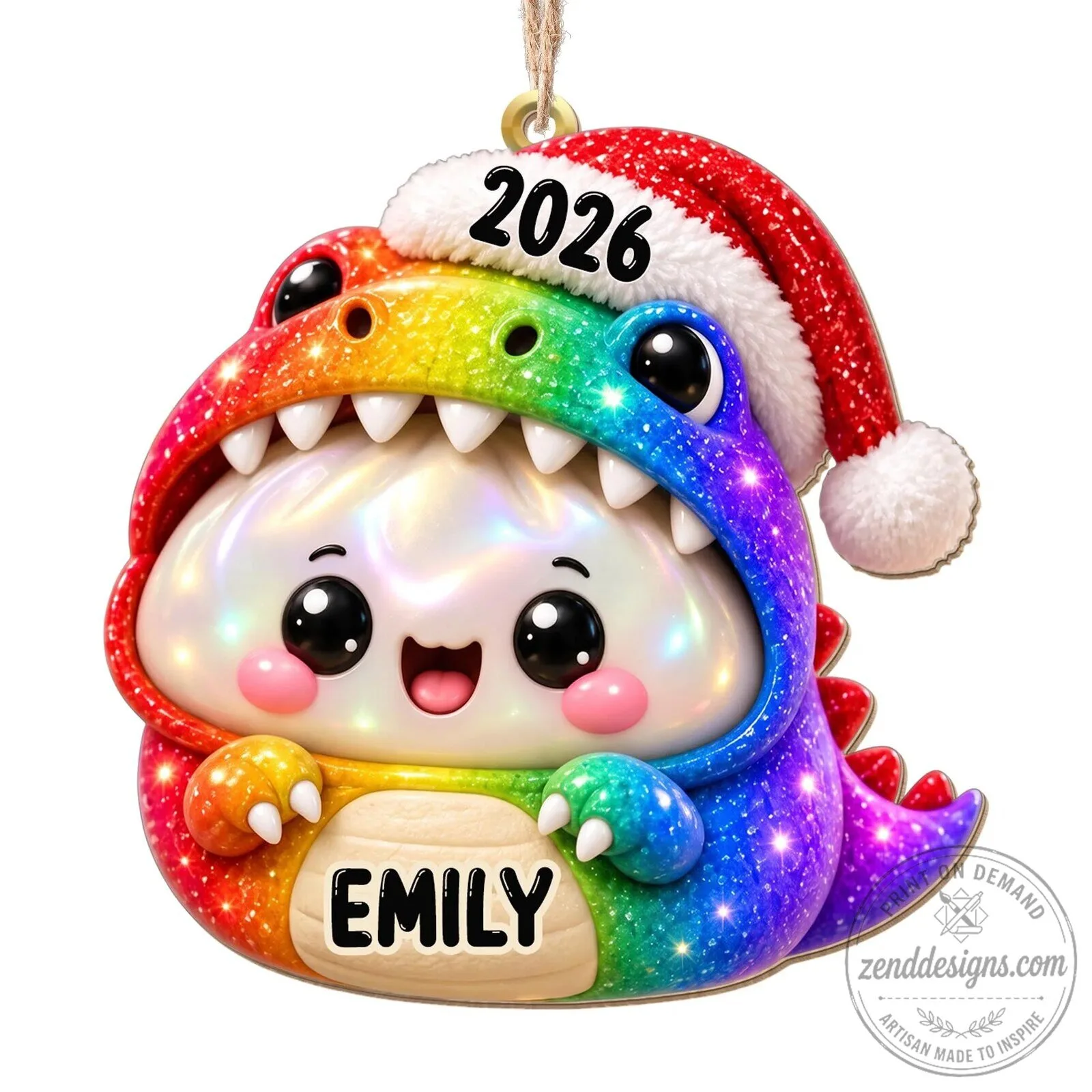 Personalized Rainbow Dinosaur Dumpling Christmas Ornament with Santa Hat 23 Personalized Rainbow Dinosaur Dumpling Christmas Ornament with Santa Hat