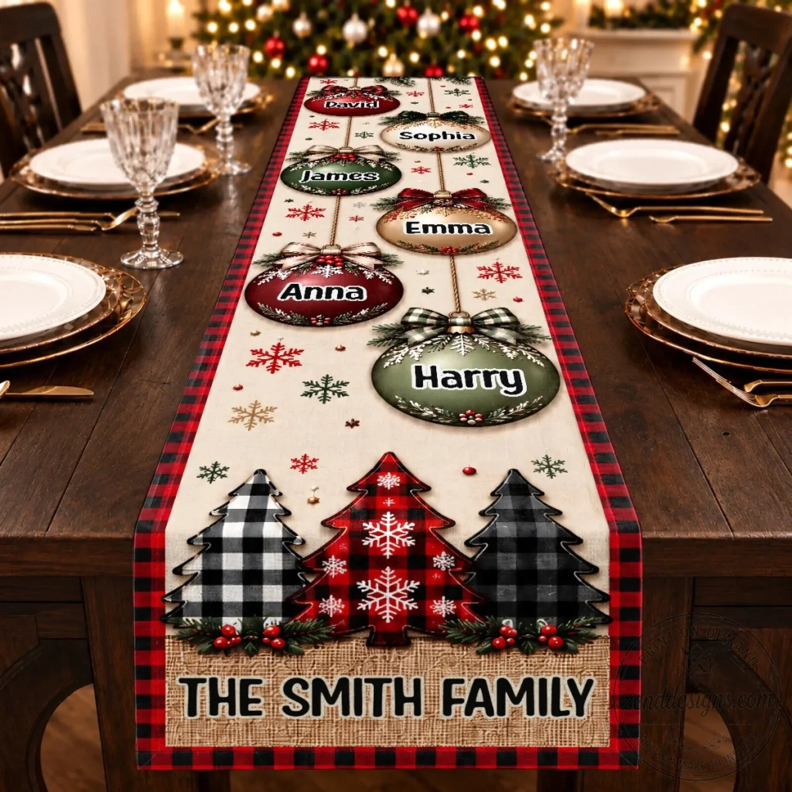 Personalized Christmas Buffalo Plaid Family Name Table Runner with Ornaments