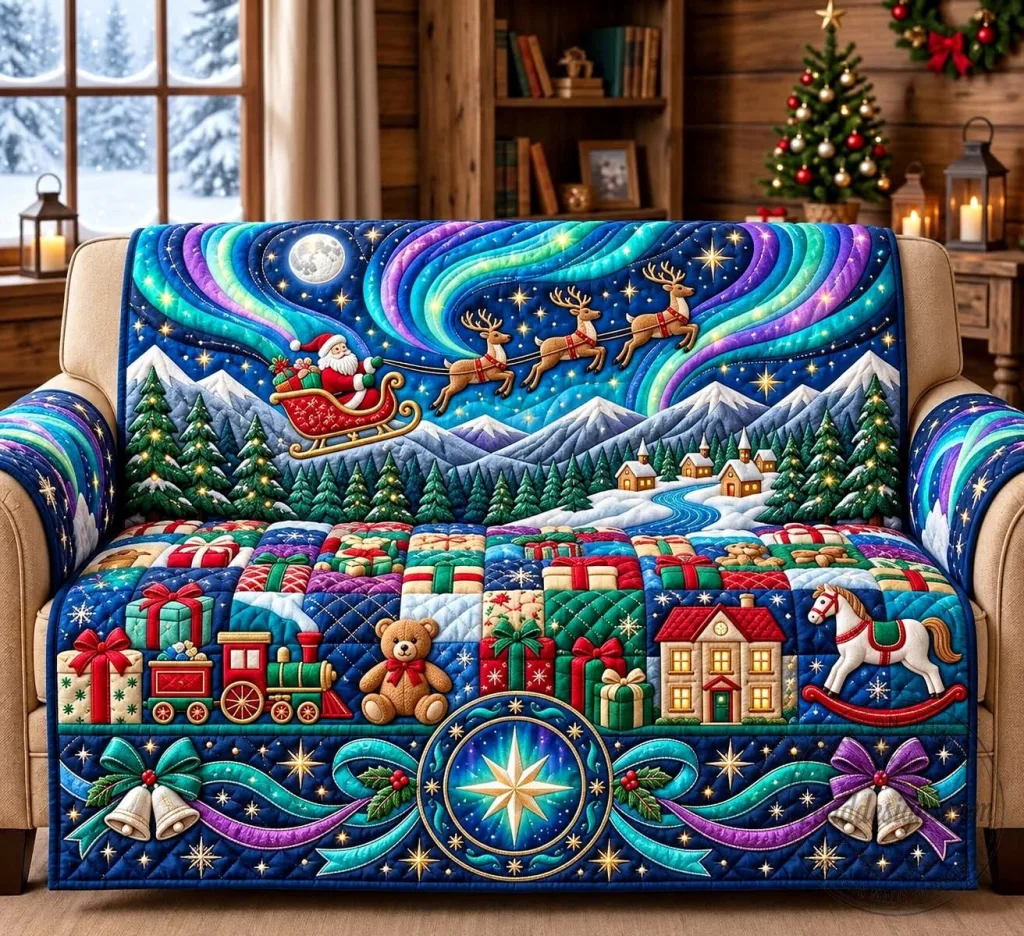 Christmas Santa Claus Reindeer Sleigh Aurora Borealis Quilted Sofa Cover Christmas Santa Claus Reindeer Sleigh Aurora Borealis Quilted Sofa Cover