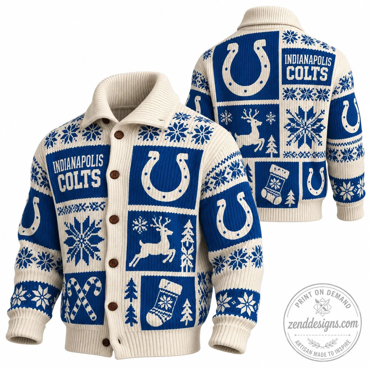 Indianapolis Colts Christmas Holiday Reindeer Snowflake Button-Up Cardigan