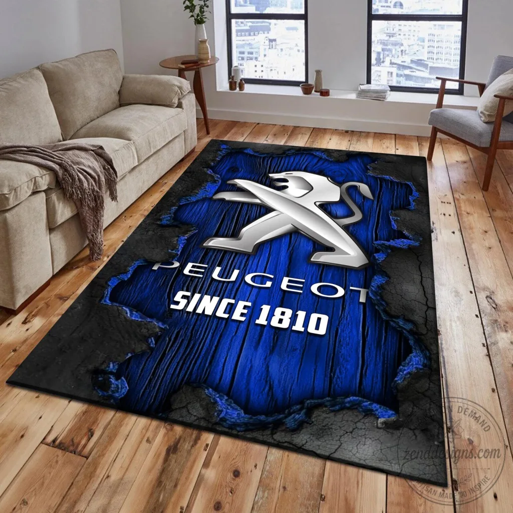 Peugeot Since 1810 Car Logo Blue Wood Cracked Style Area Rug Peugeot Since 1810 Car Logo Blue Wood Cracked Style Area Rug