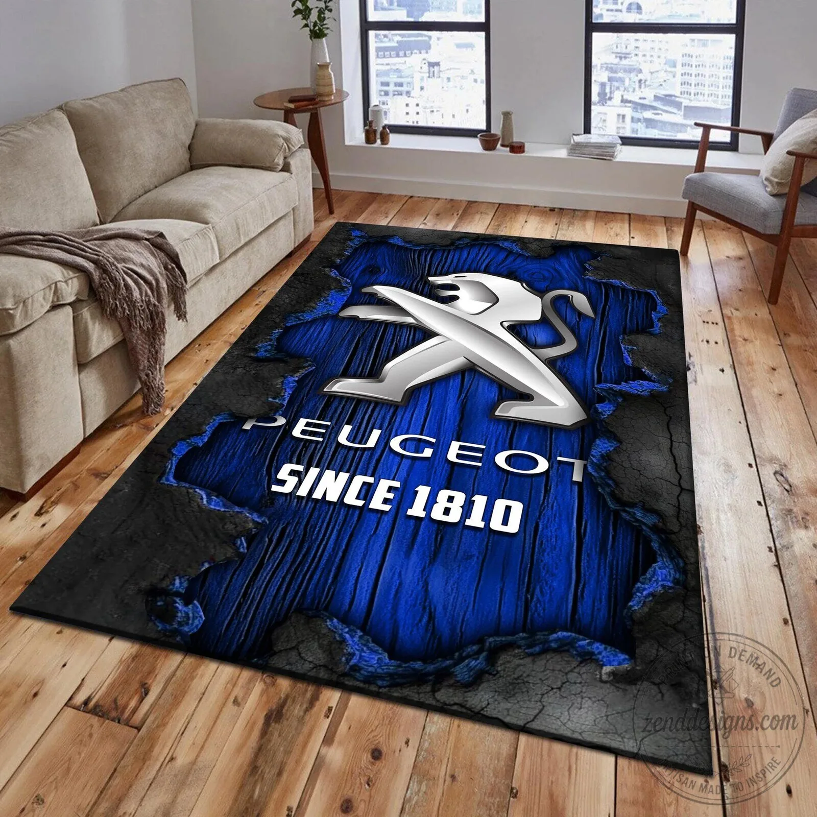 Peugeot Since 1810 Car Logo Blue Wood Cracked Style Area Rug