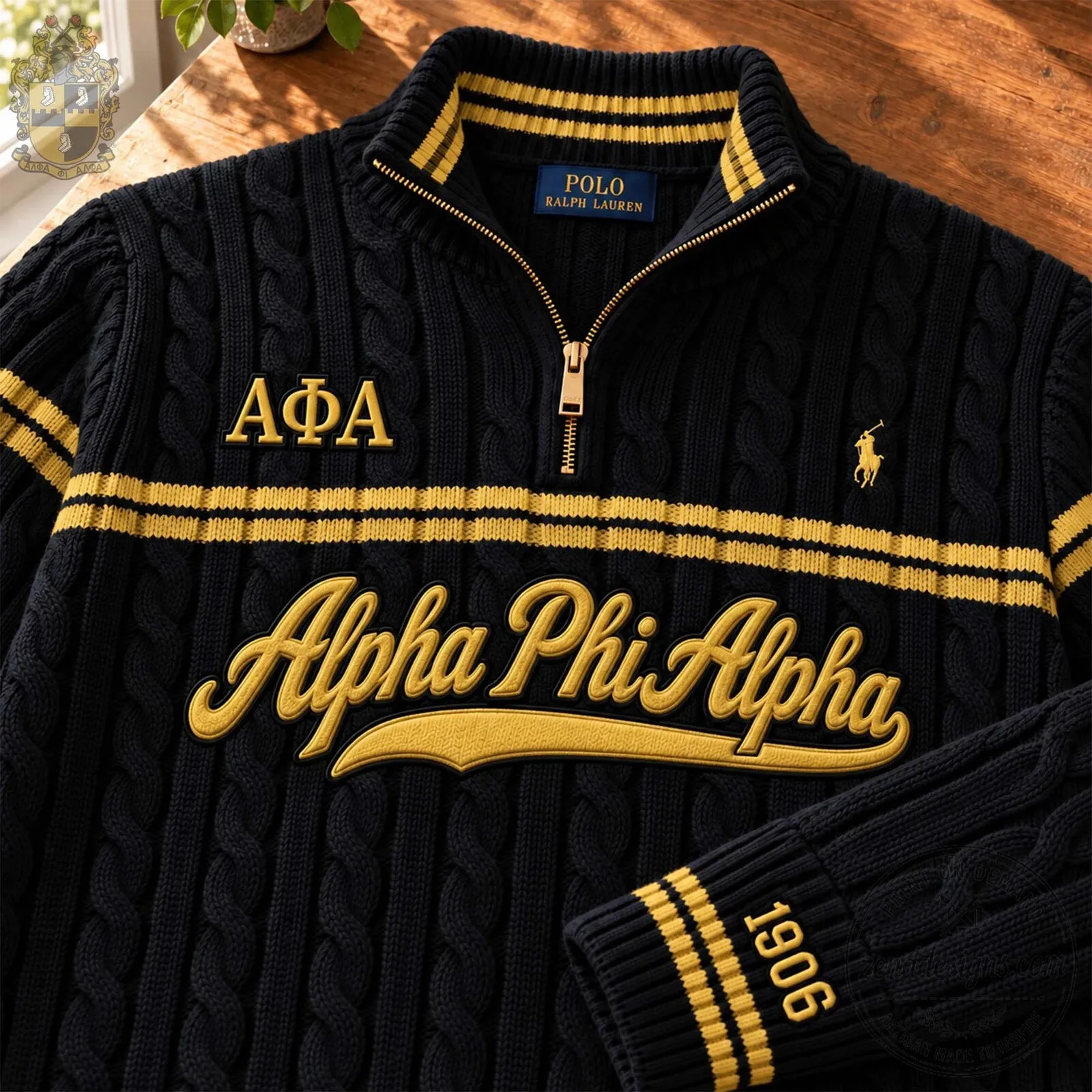 Alpha Phi Alpha Fraternity Incorporated Quarter Zip Cable Knit Polo Shirt