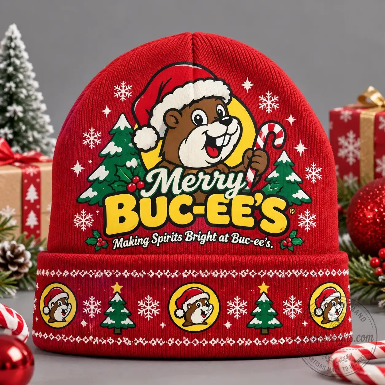Buc-ee's Christmas Merry Buc-ee's Making Spirits Bright Santa Beaver Knit Beanie