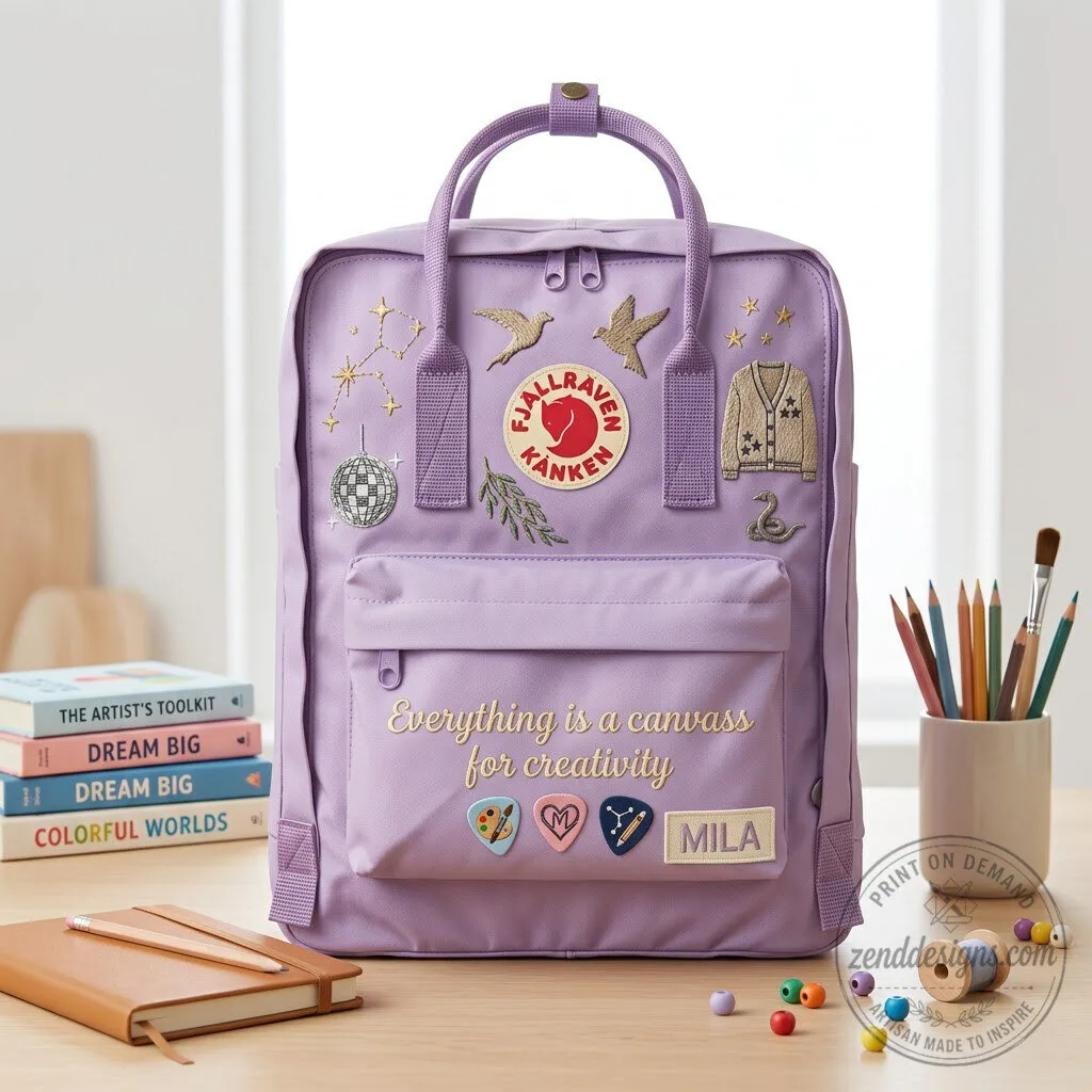 Fjallraven Kanken Lavender Backpack with Embroidered Patches and Name Tag