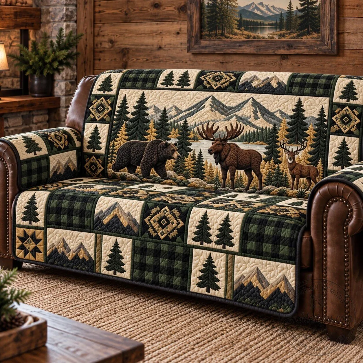 Rustic Forest Patchwork Wildlife Sofa Cover with Bear Moose Deer