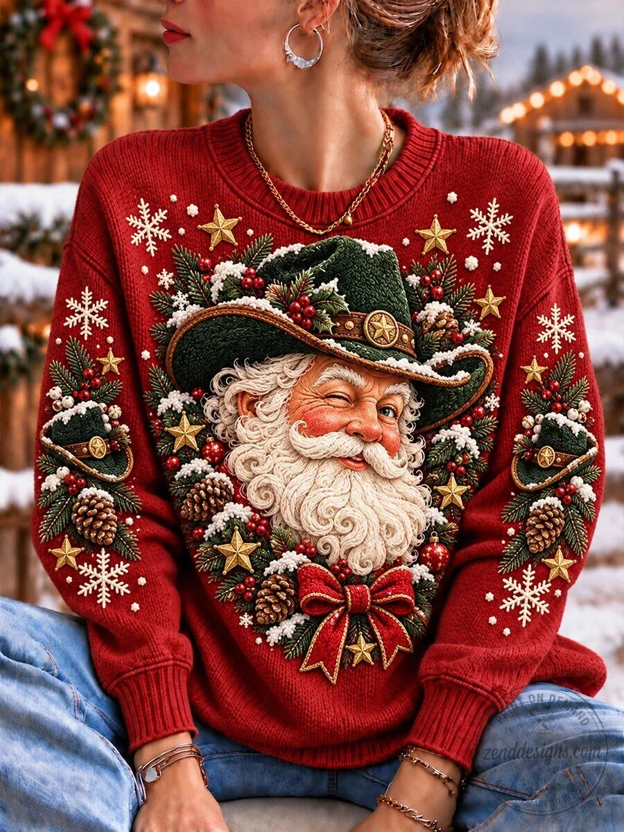 Western Santa Claus Christmas Winking Face Red Crewneck Sweatshirt