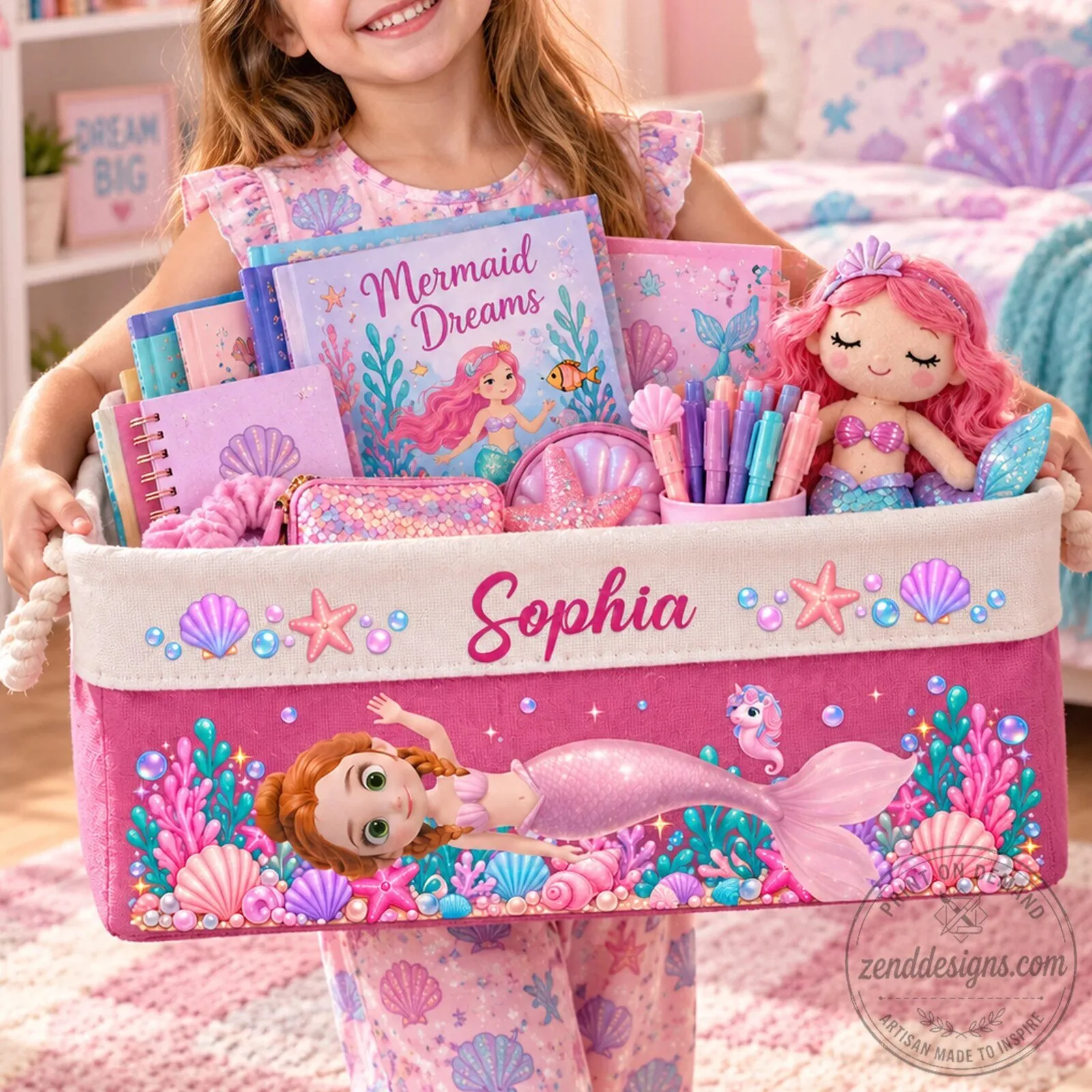 Personalized Mermaid Princess Storage Basket for Girls, Custom Kids Toy Bin Organizer