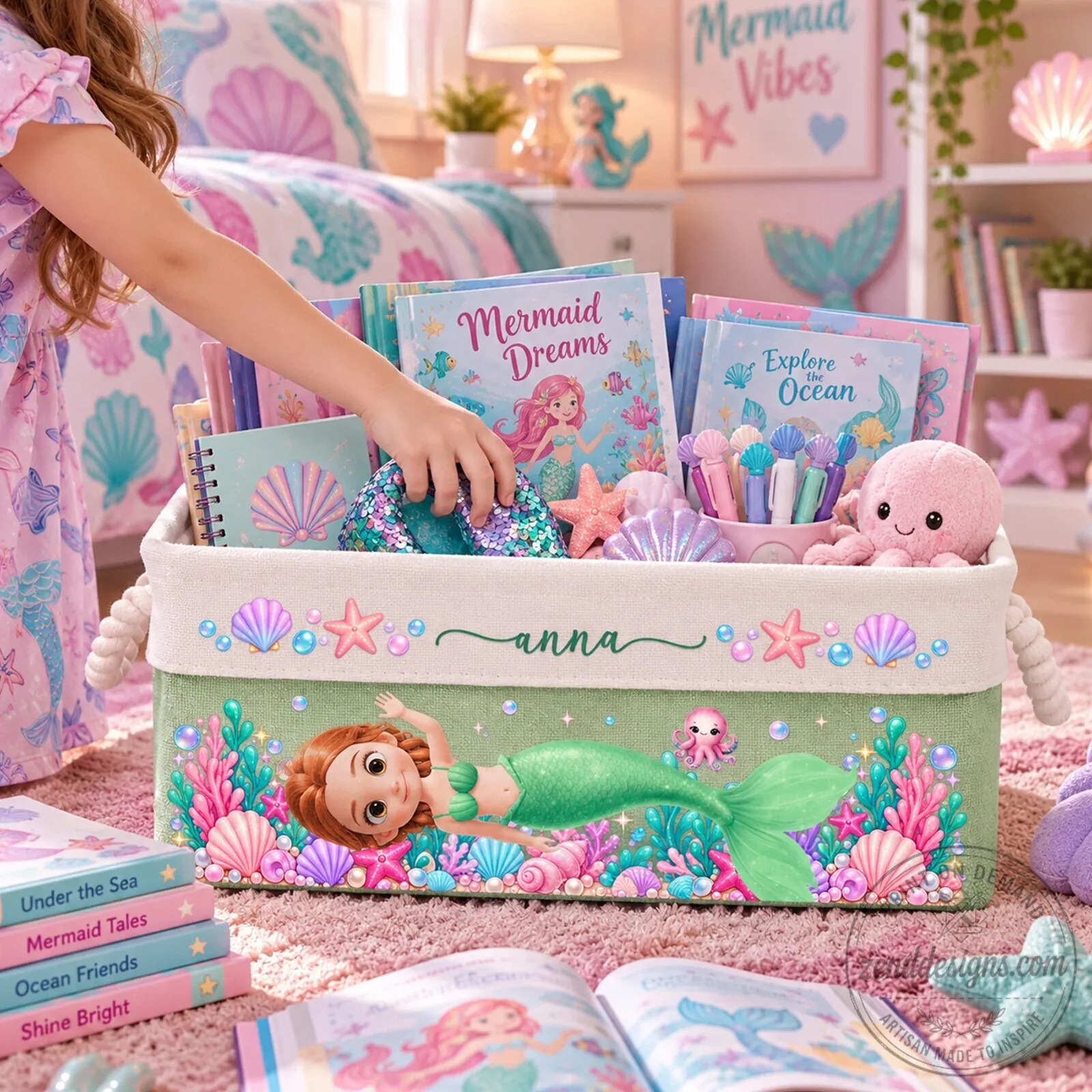 Personalized Mermaid Princess Storage Basket for Girls, Custom Kids Toy Bin Organizer 7 Personalized Mermaid Princess Storage Basket for Girls, Custom Kids Toy Bin Organizer