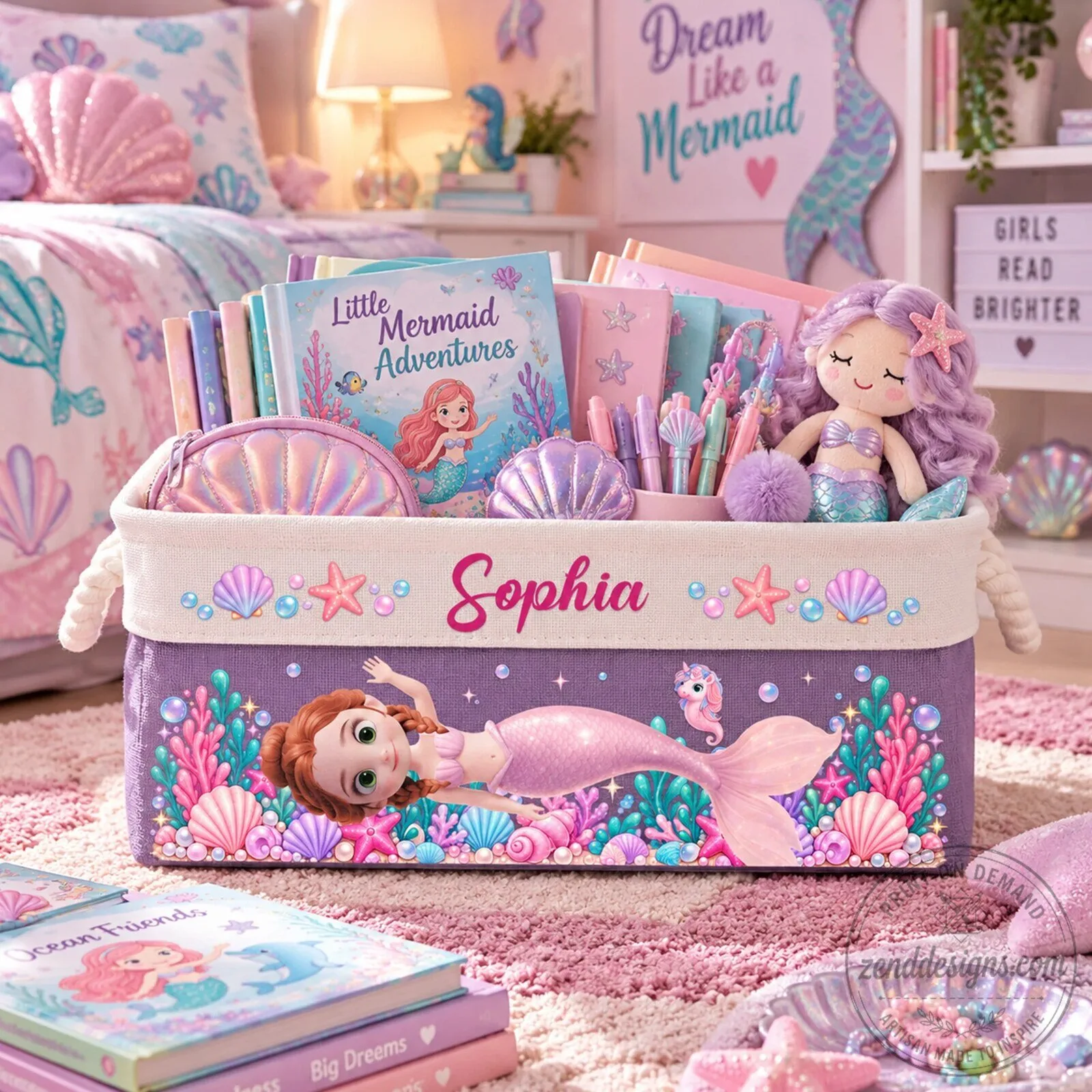 Personalized Mermaid Princess Storage Basket for Girls, Custom Kids Toy Bin Organizer 8 Personalized Mermaid Princess Storage Basket for Girls, Custom Kids Toy Bin Organizer