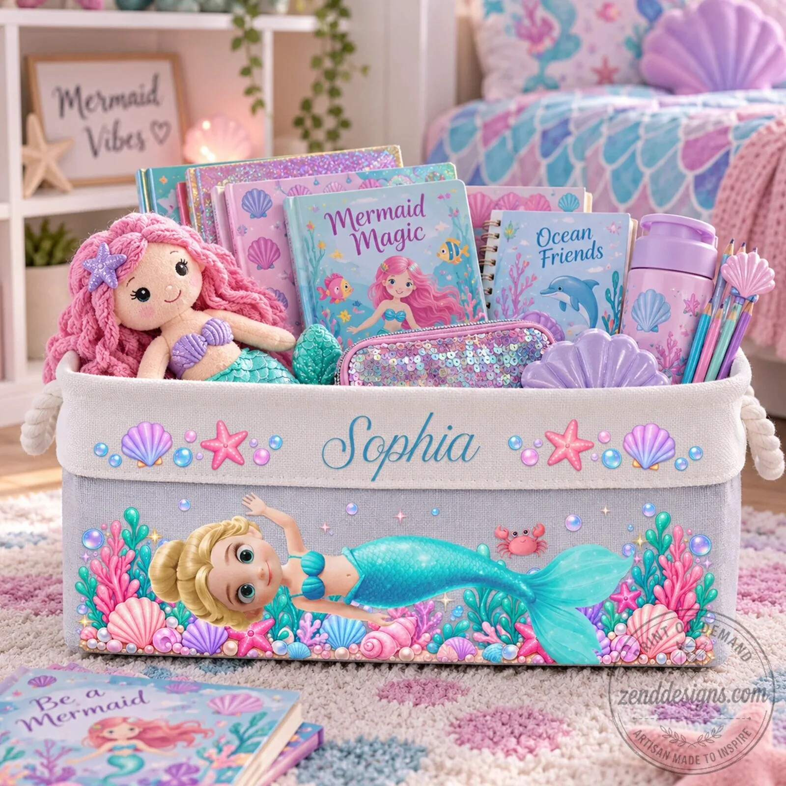 Personalized Mermaid Princess Storage Basket for Girls, Custom Kids Toy Bin Organizer 9 Personalized Mermaid Princess Storage Basket for Girls, Custom Kids Toy Bin Organizer