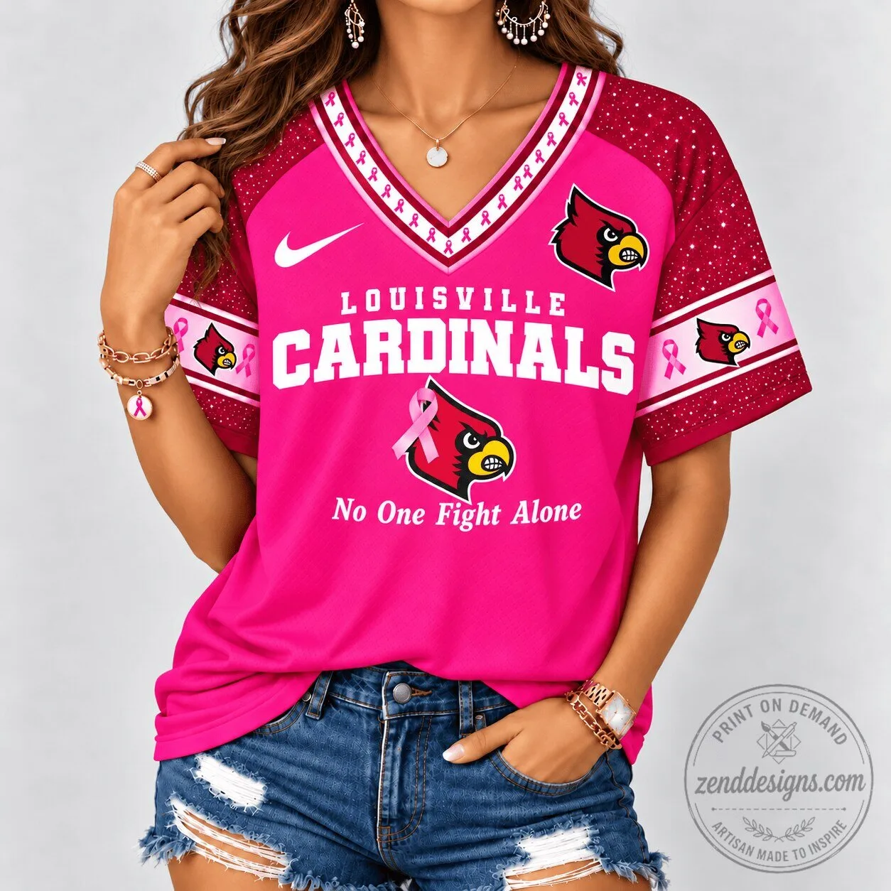 Louisville Cardinals Breast Cancer Awareness No One Fights Alone V-Neck T-Shirt
