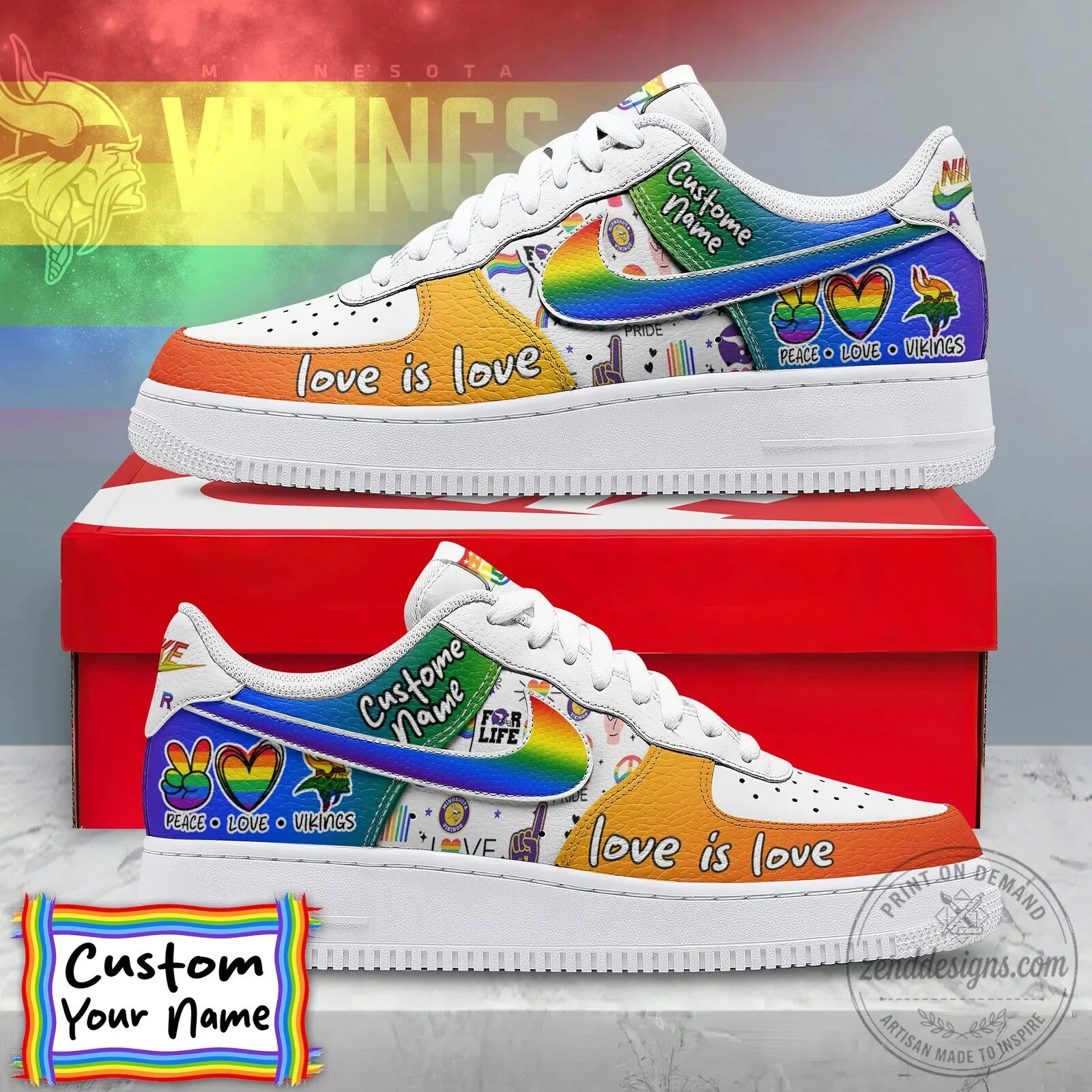 Minnesota Vikings Pride Love Is Love Custom Name Sneakers