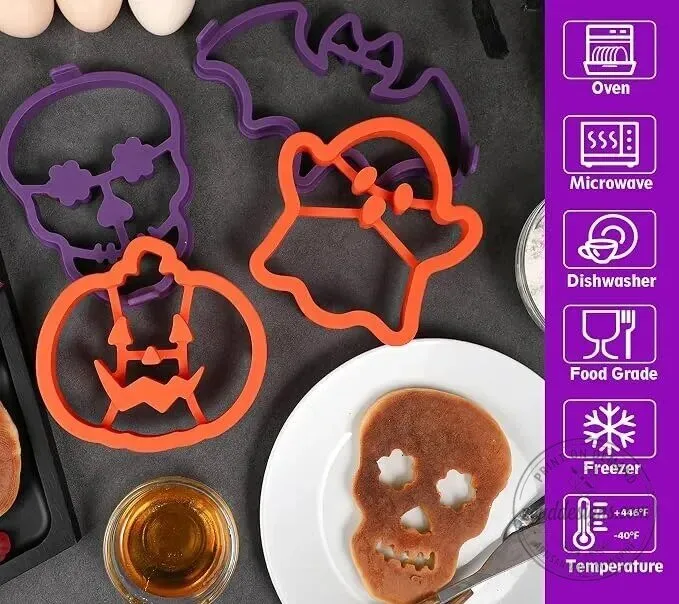 Halloween Silicone Pancake Molds for Skull, Ghost, Bat and Pumpkin Shaped Pancakes