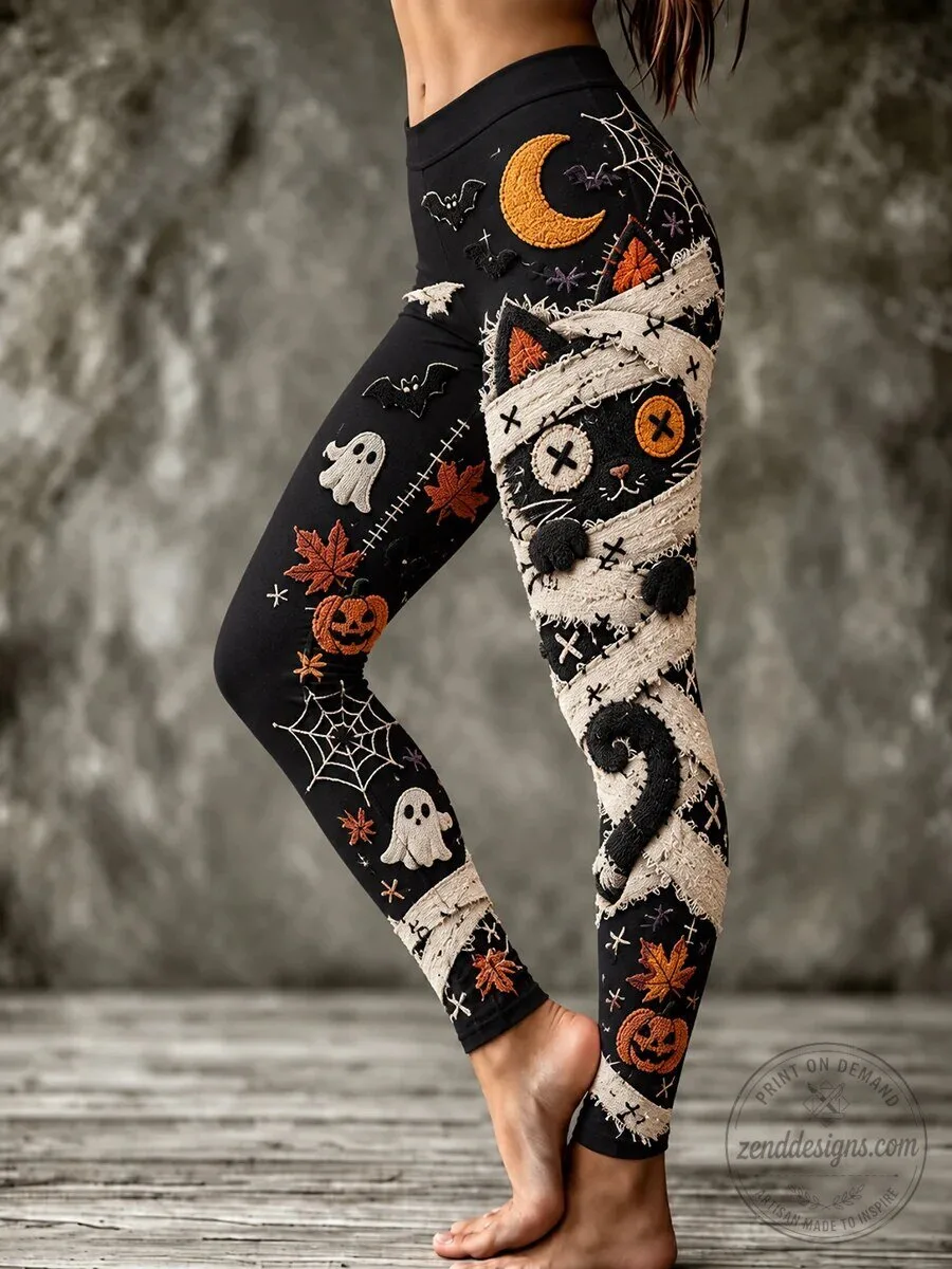 Spooky Halloween Mummy Cat and Ghost Pattern Women's Leggings