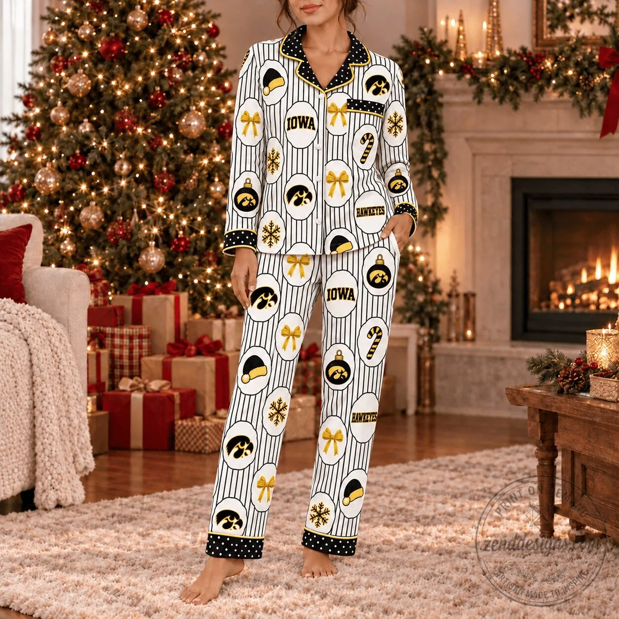 Iowa Hawkeyes Christmas Holiday Button Up Long Sleeve Pajamas Set