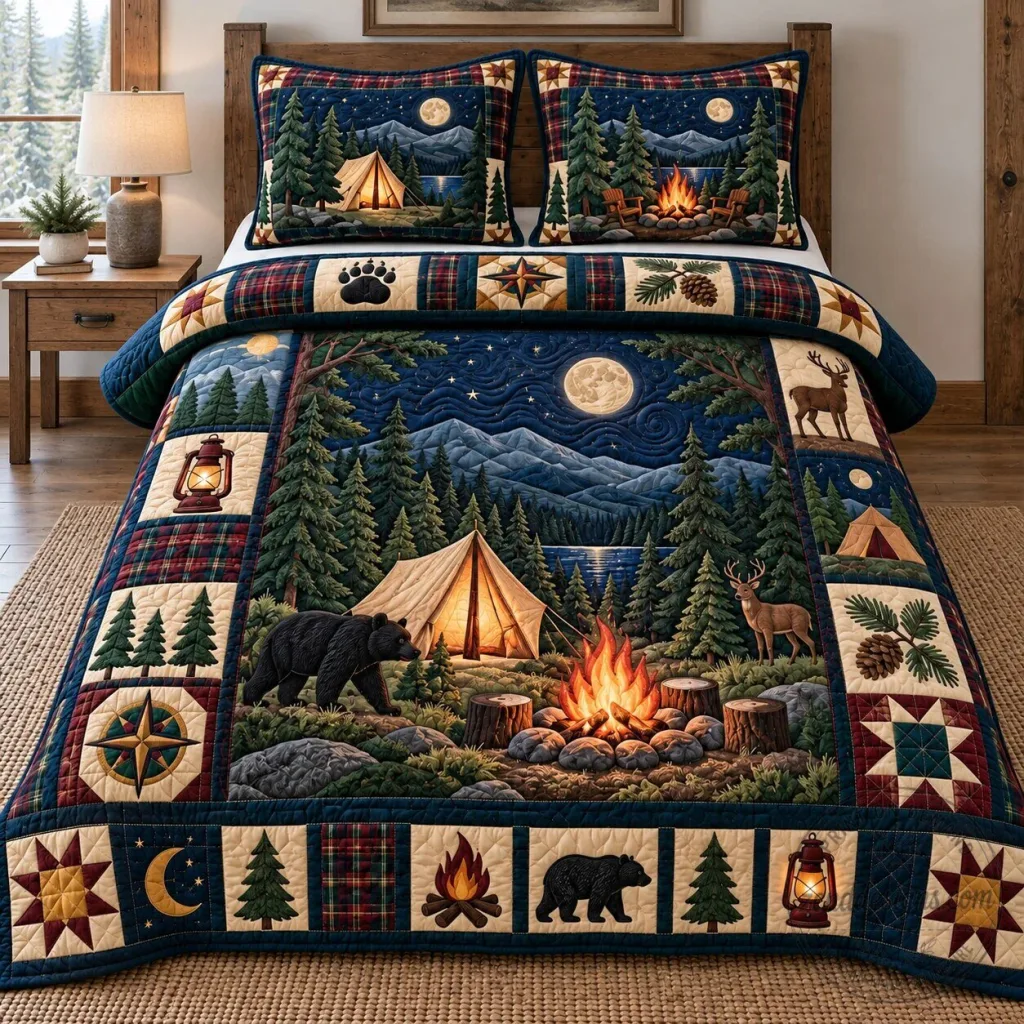 Rustic Camping Patchwork Quilted Bedding Set with Bear and Deer Design Rustic Camping Patchwork Quilted Bedding Set with Bear and Deer Design
