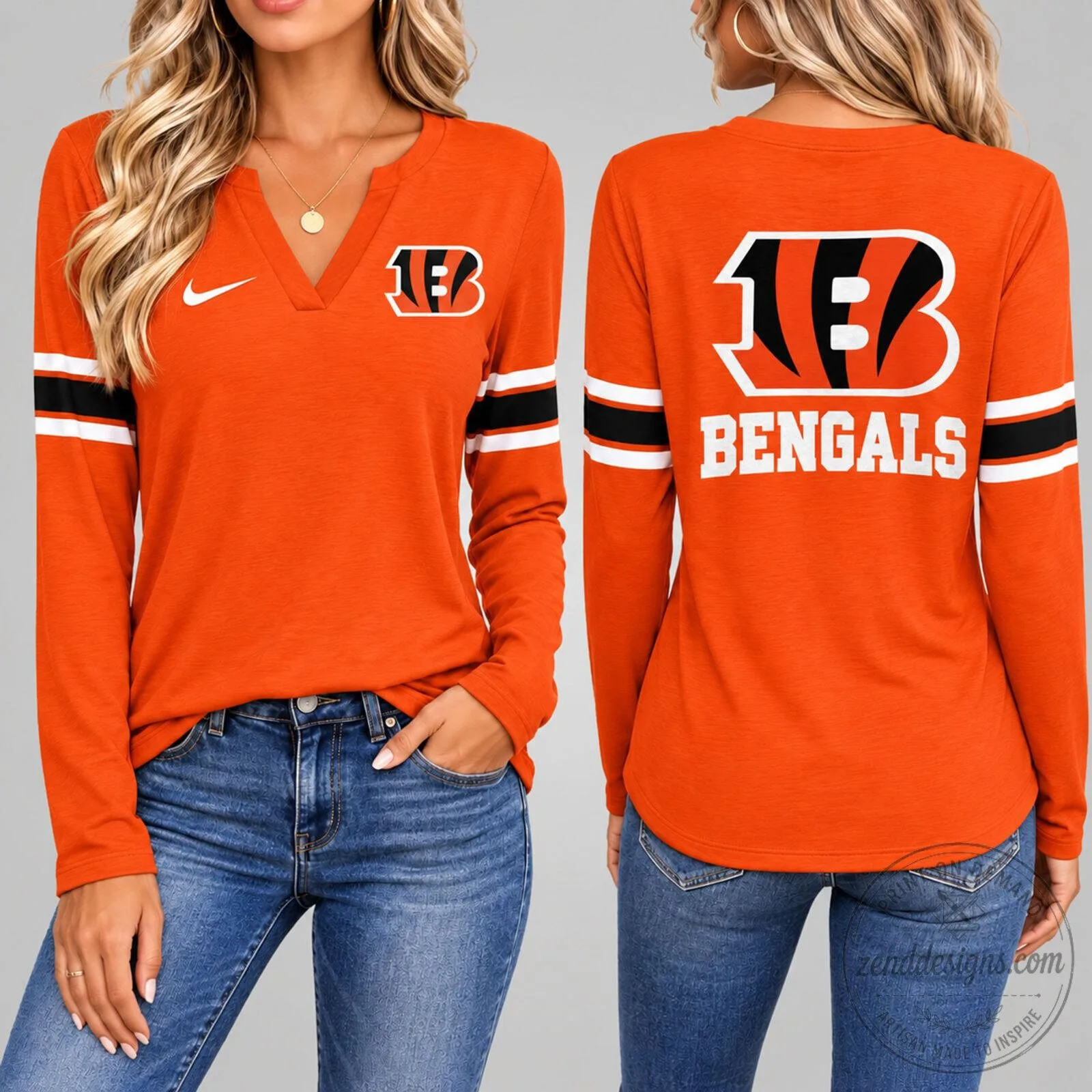 Cincinnati Bengals Women's Nike Orange Vintage V-Neck Long Sleeve Fan Shirt