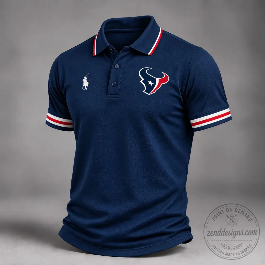 Houston Texans NFL Football Team Navy Blue Striped Collar Polo Shirt Houston Texans NFL Football Team Navy Blue Striped Collar Polo Shirt
