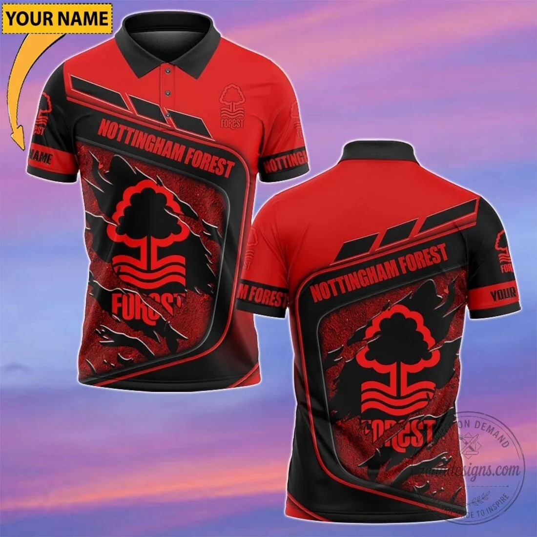 Nottingham Forest Football Club Red Black Custom Name Polo Shirt