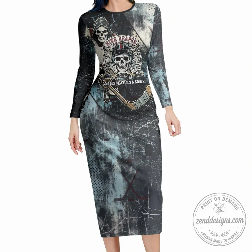 Rink Reaper Collecting Goals and Souls Ice Hockey Skeleton Long Sleeve Bodycon Dress